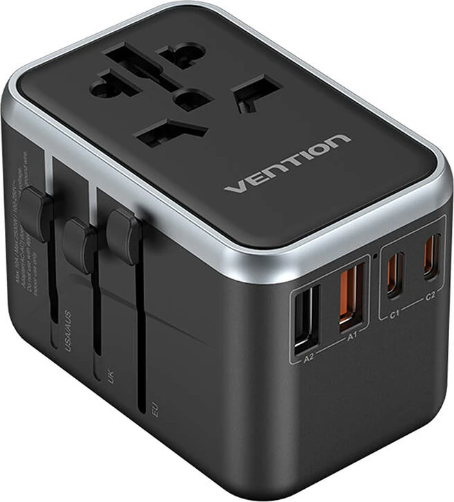 Univerzalni potovalni adapter Vention FJFB0, 2x USB-C, 2x USB-A, 65 W, črn