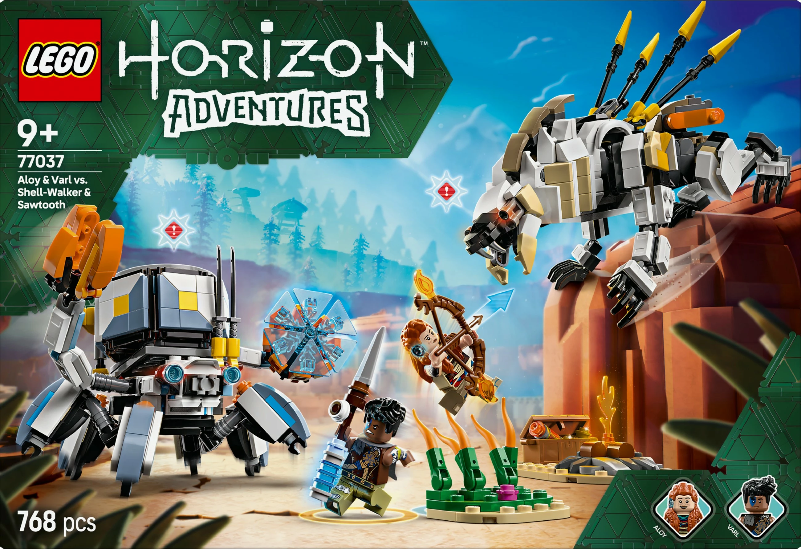 Set gradnje Horizon Adventures 77037, Aloy & Varl proti Shell-Walker & Sawtooth, 768 kosov, večbarven