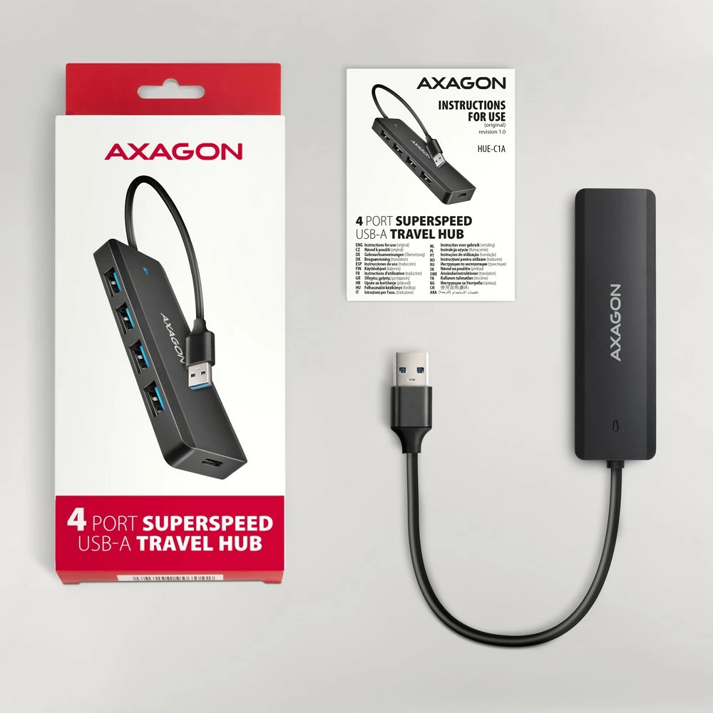 Razdelilec USB, AXAGON HUE-C1A, 4 vrata USB 5Gbps, USB-C napajanje, 19 cm kabel, črn Razdelilec USB, AXAGON HUE-C1A, 4 vrata USB 5Gbps, USB-C napajanje, 19 cm kabel, črn