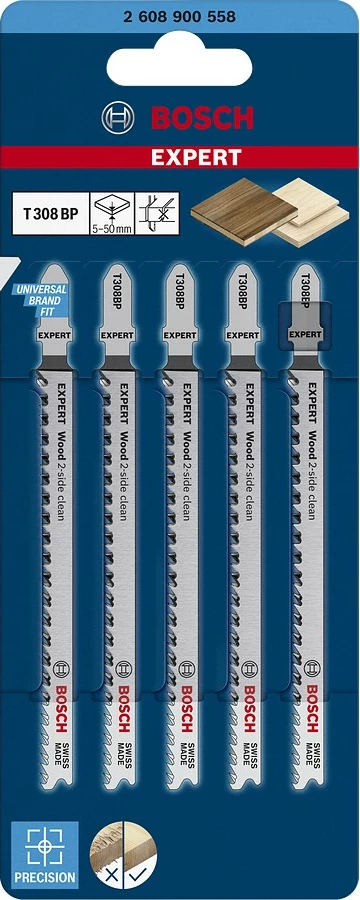 Set listov za ubodno žago, Bosch EXPERT T308BP, 5 kosov, za les, beli