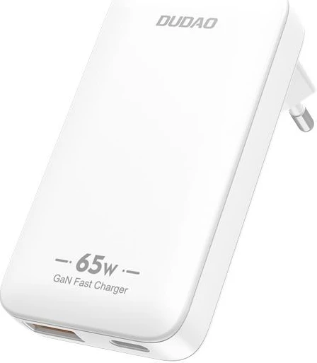 Stenski polnilnik Dudao A65Q, 65 W, GaN, USB-C/USB-A, bel
