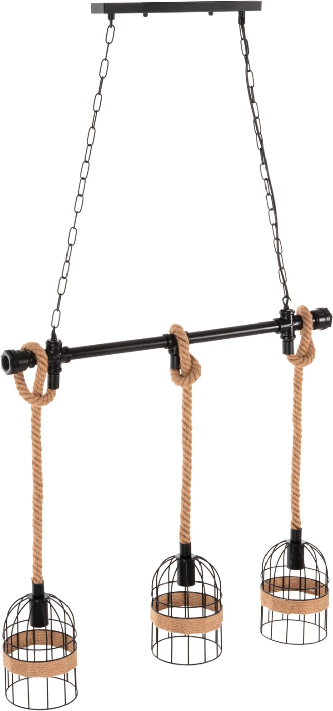 Stropna viseča svetilka s 3 lučmi FH4180 črna kovina-naravna konopljina vrv 80x14,5x137H cm