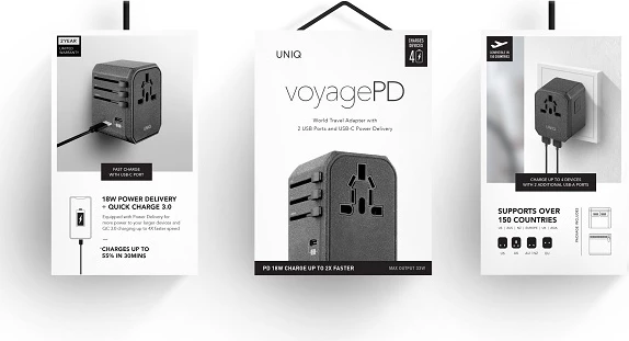 Univerzalni potovalni adapter UNIQ Voyage LITHOS Collective 33W, 2xUSB PD 18W QC 3.0, siv