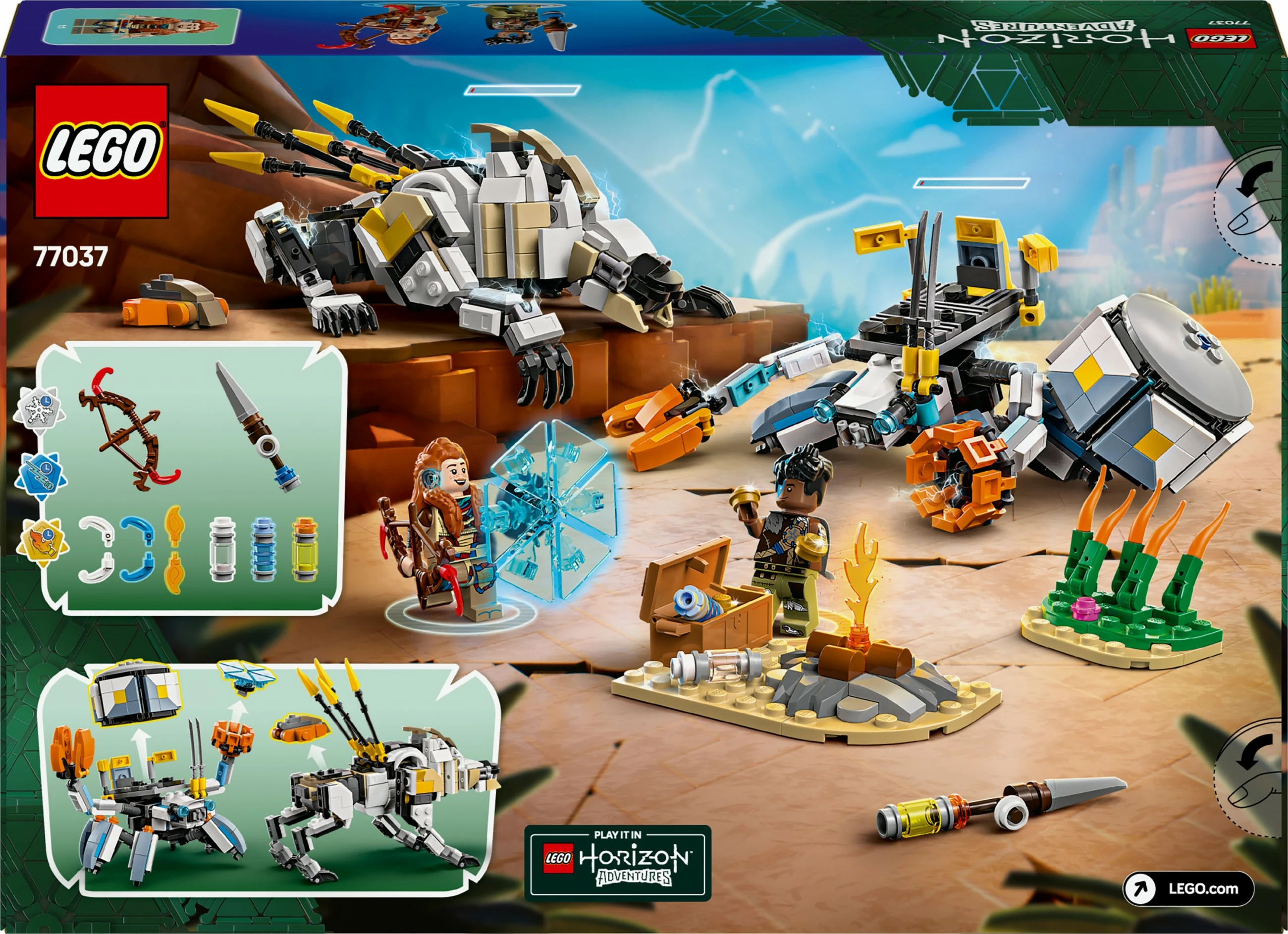 Set gradnje Horizon Adventures 77037, Aloy & Varl proti Shell-Walker & Sawtooth, 768 kosov, večbarven