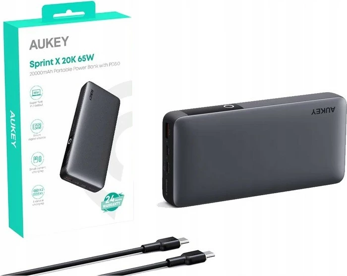 Power bank 20000mAh, 65W, 3x USB, siv — AUKEY PB-Y43