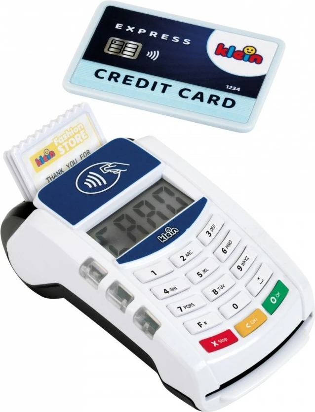 Igračni plačilni terminal Klein 7266, plastika, bel, z igričarsko kreditno kartico in računi