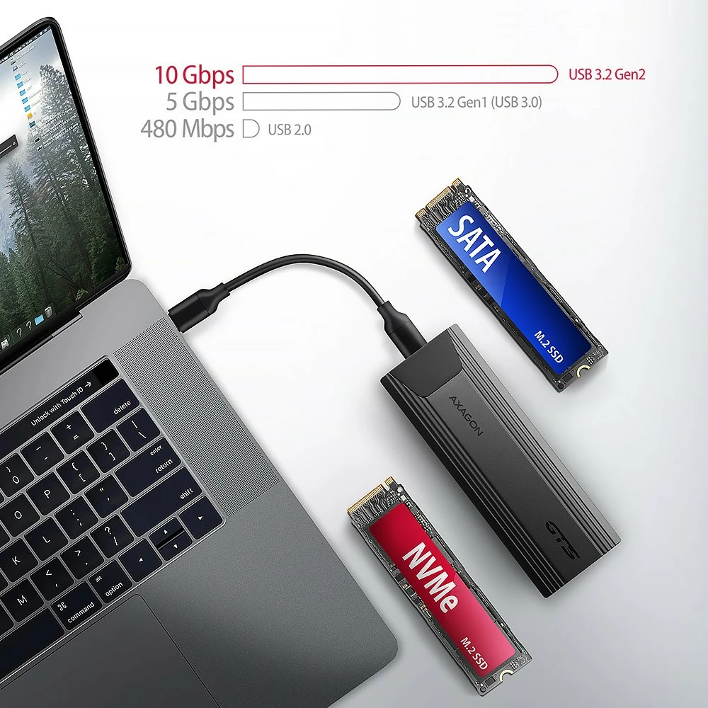 Zunanje računalniško ohišje za SSD M.2 NVMe in SATA, USB-C 3.2 Gen 2, črno - AXAGON EEM2-GTS2 Zunanje računalniško ohišje za SSD M.2 NVMe in SATA, USB-C 3.2 Gen 2, črno - AXAGON EEM2-GTS2