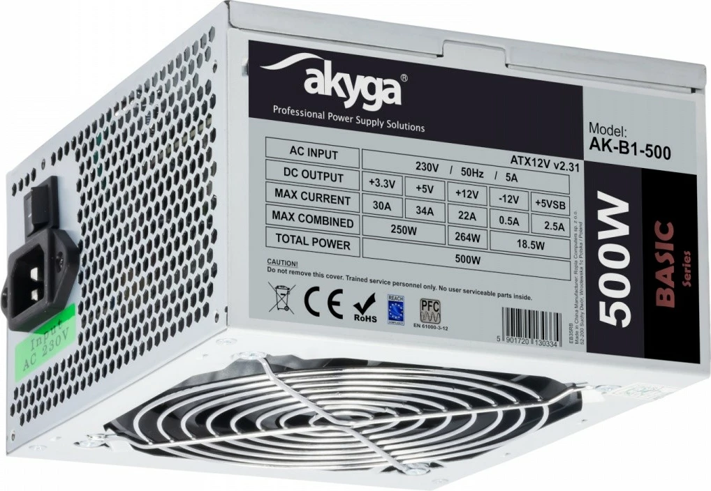 Napajalnik ATX 500W AKYGA AK-B1-500, 3x SATA, 2x MOLEX, PCI-E 6+2 pin, ventilator 12 cm