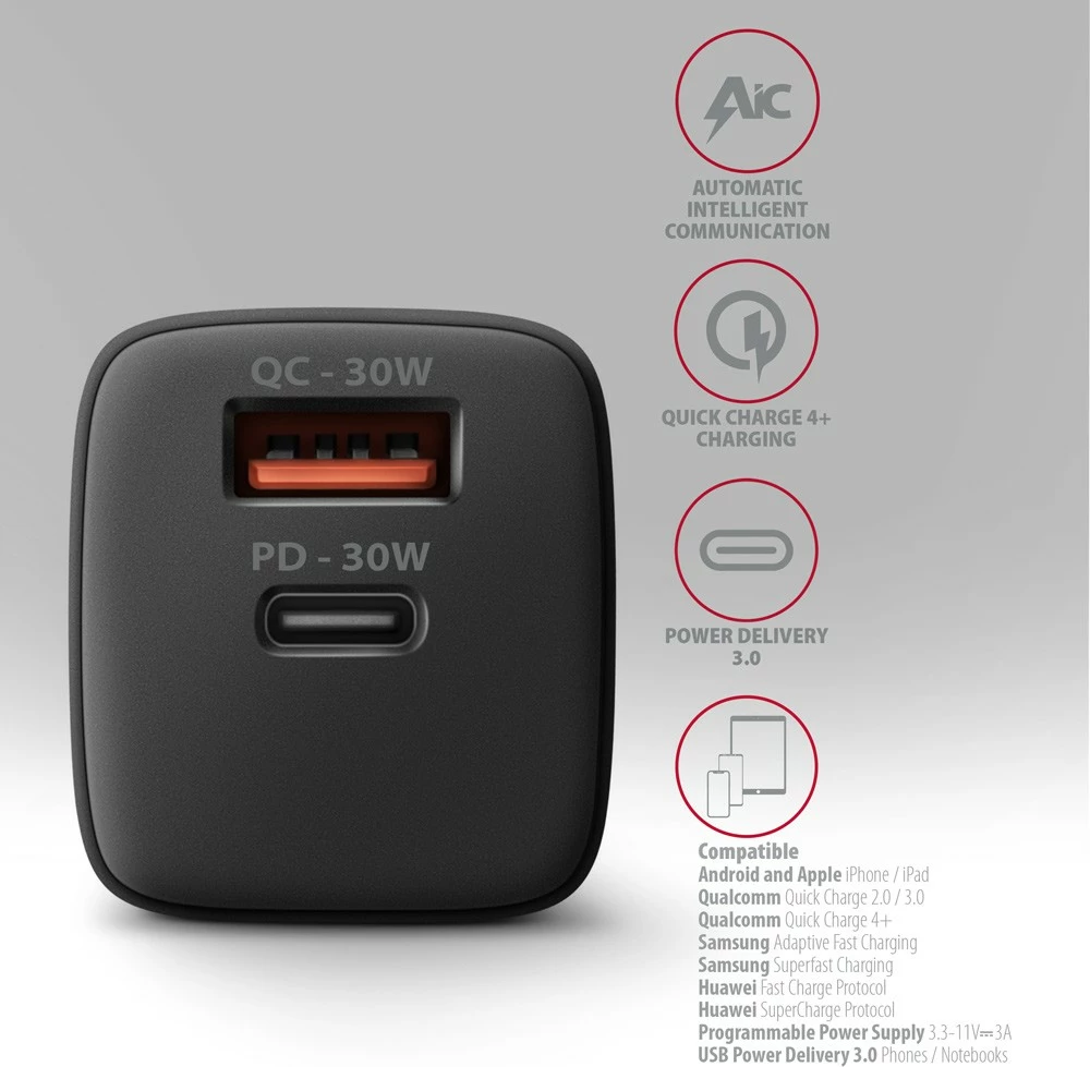 Hitri polnilec AXAGON ACU-PQ30, 30 W, 2 vrata (USB-A QC3.0/4.0 + USB-C PD3.0), črn