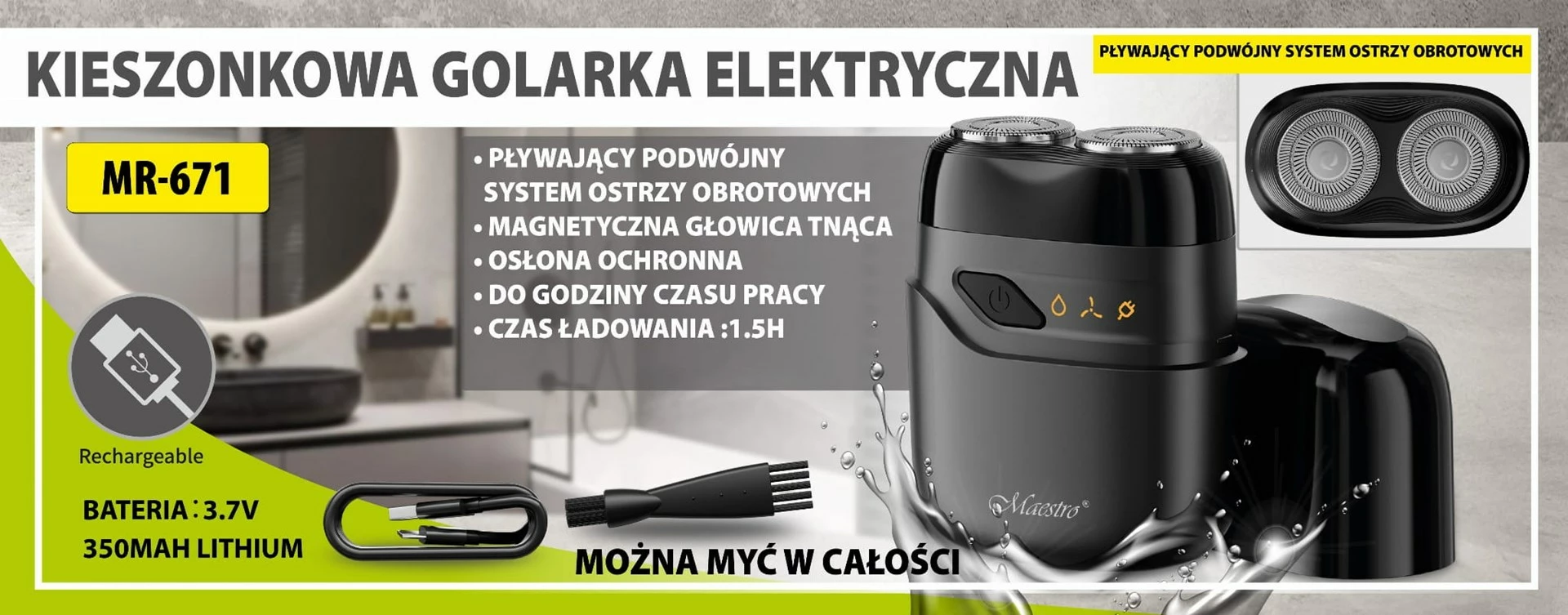 Električna britvica Maestro MR-671, USB, črna