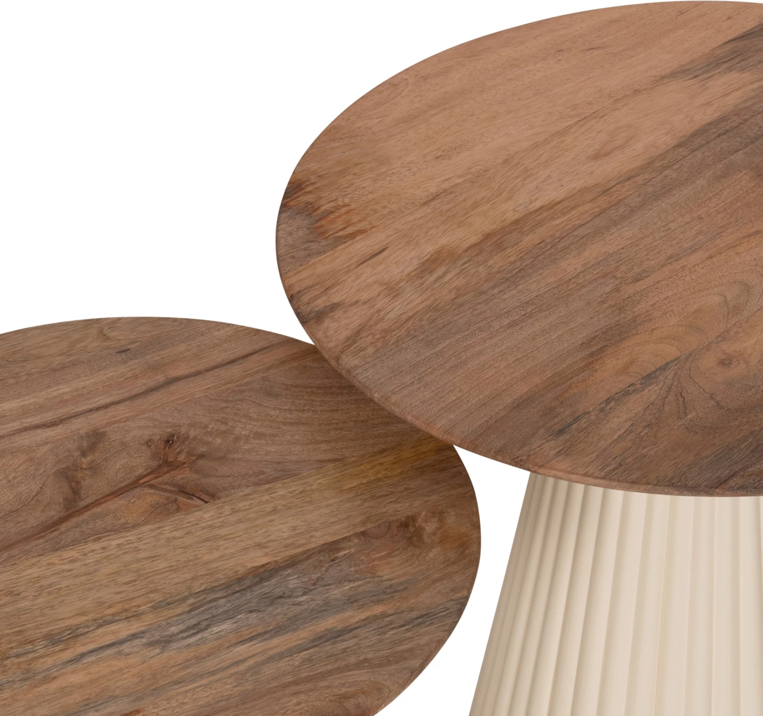 Klubske mize 2 kosa Foldy FH9925 kovinsko podnožje v slonokoščeni barvi - okrogla vrhnja plošča iz mangovega lesa v naravni barvi Φ40 & Φ48