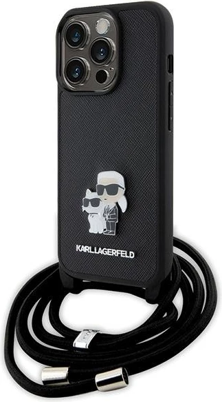 Ovitek za telefon Crossbody Saffiano z metalnim znakom Karl & Choupette za iPhone 15 Pro, črn Karl Lagerfeld