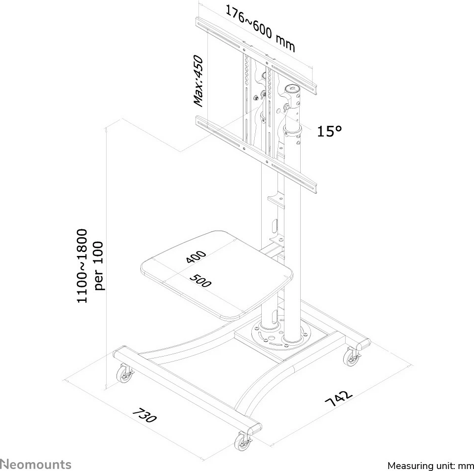 Prenosni voziček za TV Neomounts PLASMA-M1800E, do 70 inč, nastavljiva višina, srebrne barve Prenosni voziček za TV Neomounts PLASMA-M1800E, do 70 inč, nastavljiva višina, srebrne barve