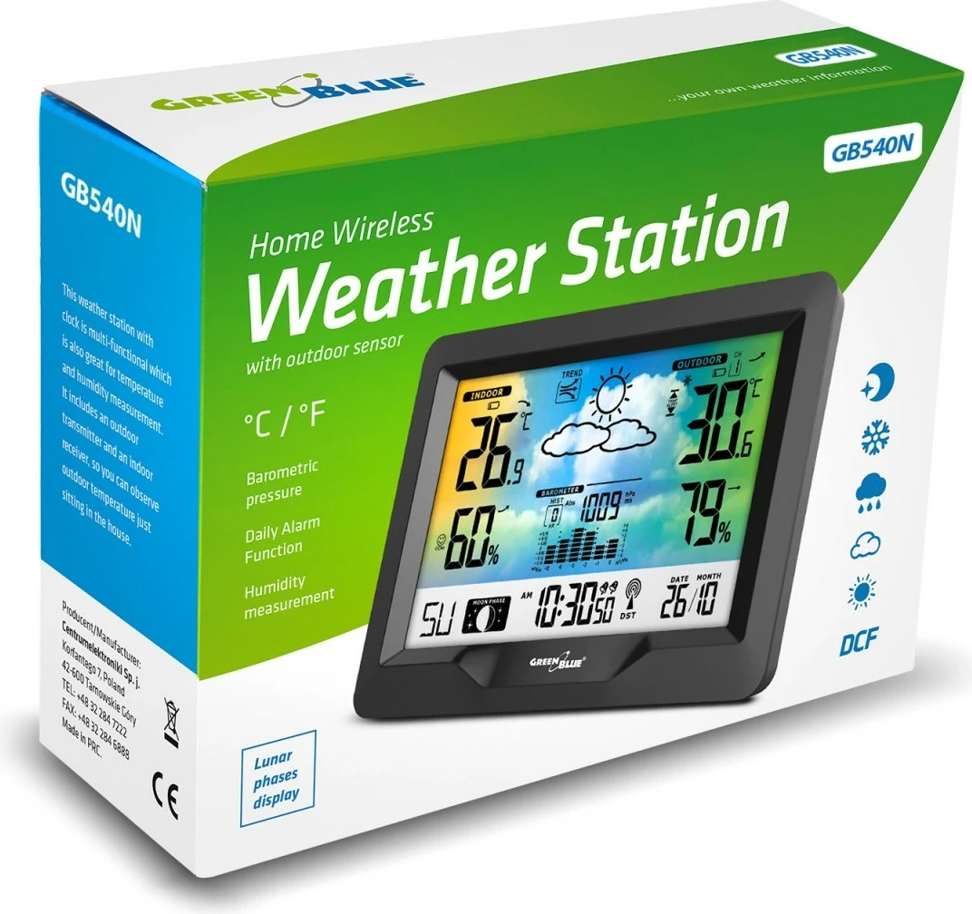 Brezžavna vremenska postaja z indikatorjem udobja GreenBlue GB540N, meritev vlažnosti, lunine faze, ura DCF, črna