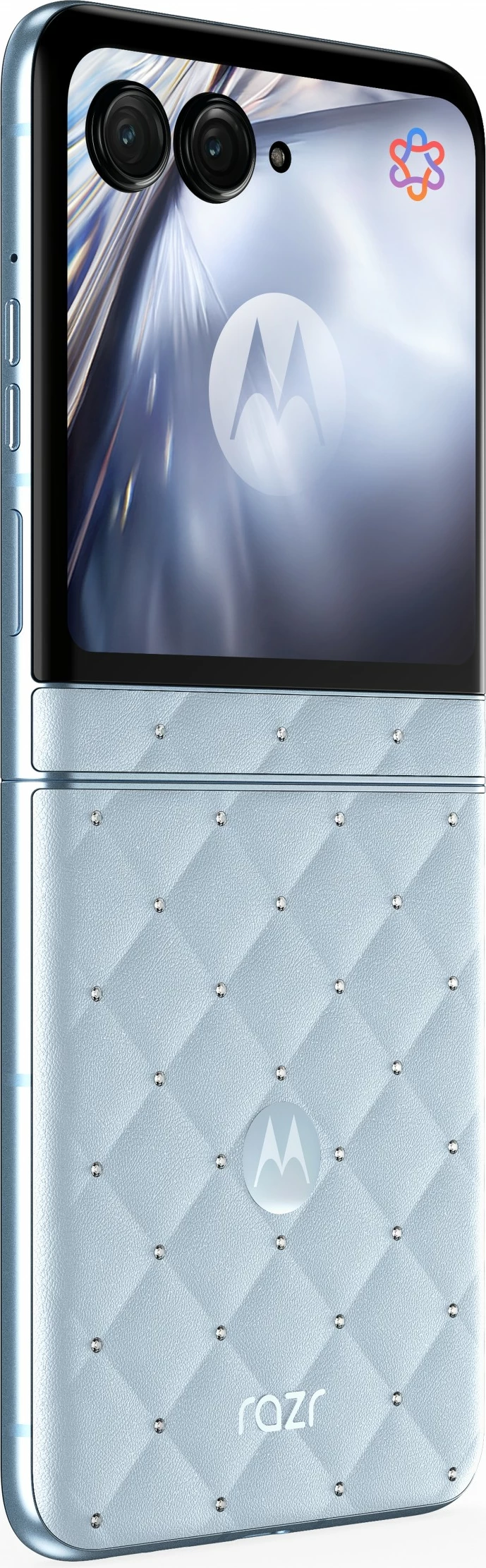 Zložljiv pametni telefon z luksuznim Swarovski dizajnom Motorola razr60 + slušalke Buds Loop, Swarovski Edition, moder