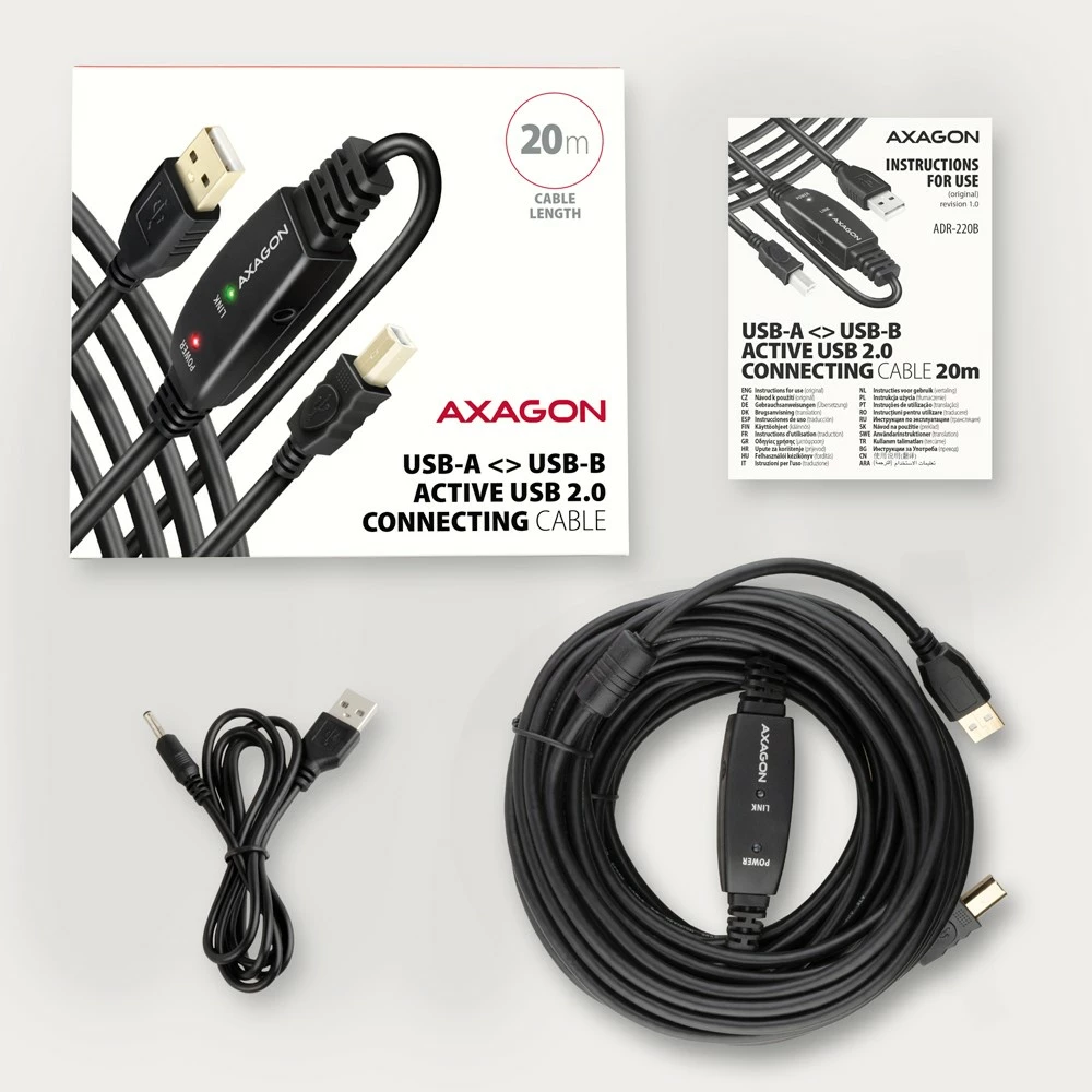 Aktivni USB 2.0 kabel, AXAGON ADR-220B, 20 m, za tiskalnik, črn Aktivni USB 2.0 kabel, AXAGON ADR-220B, 20 m, za tiskalnik, črn