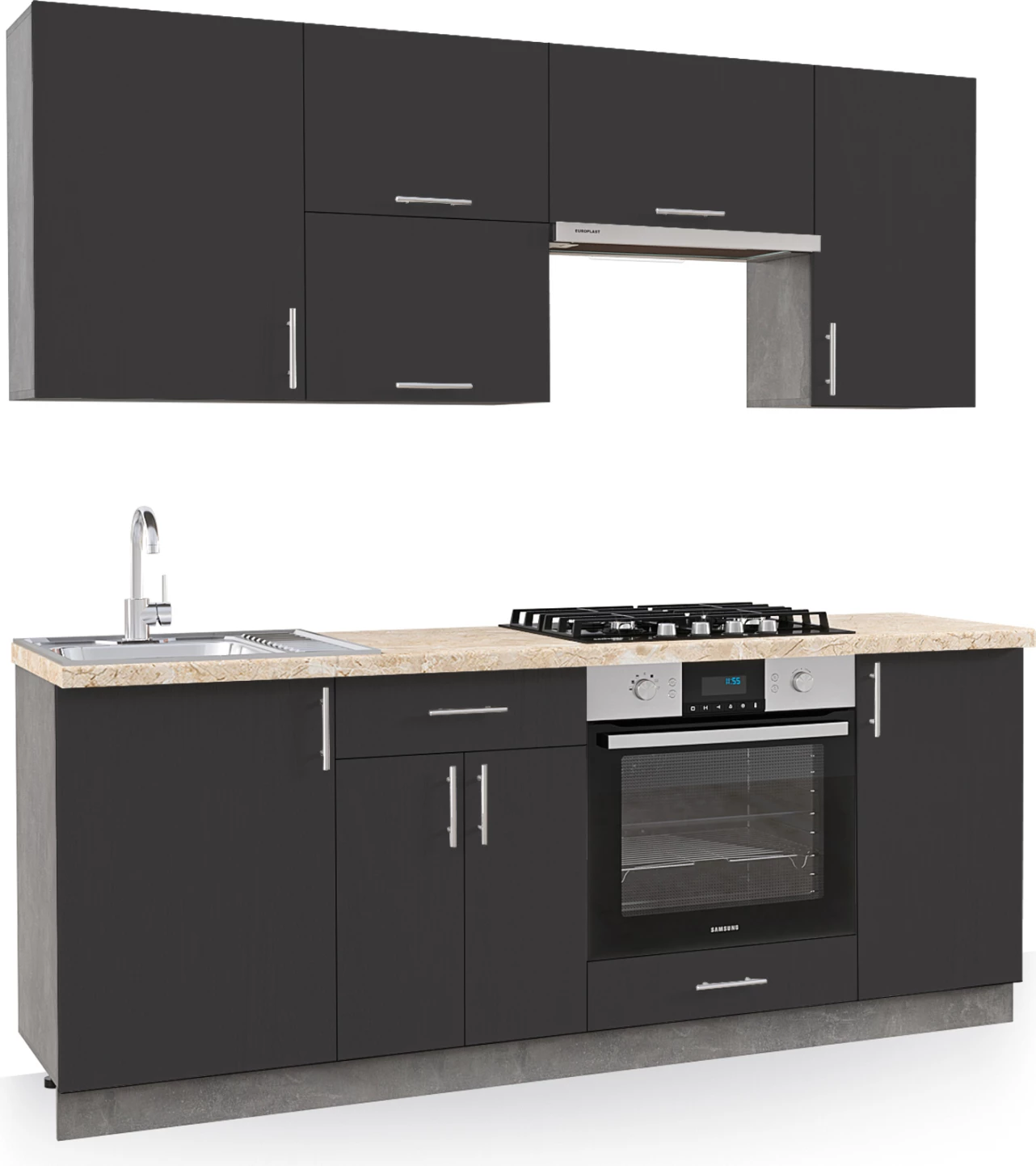 Kuhinjski komplet iz melamina z antracitnim in bež marmornatim videzom vrha 200x47x84,8H cm