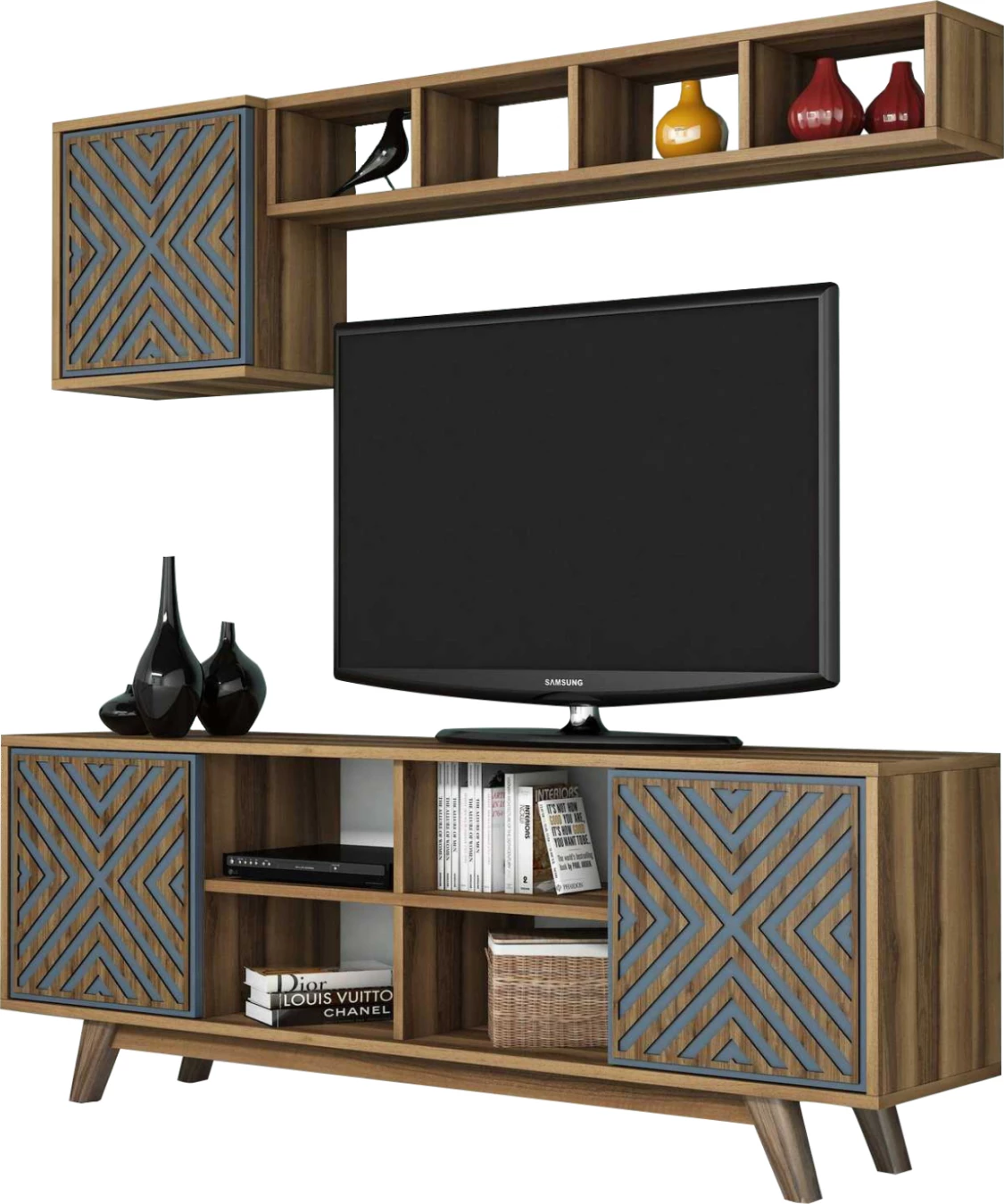 Komplet pohištva za TV FH9516.02 iz melamina v orehu in nebesno modri barvi 160x35x56.2Hcm