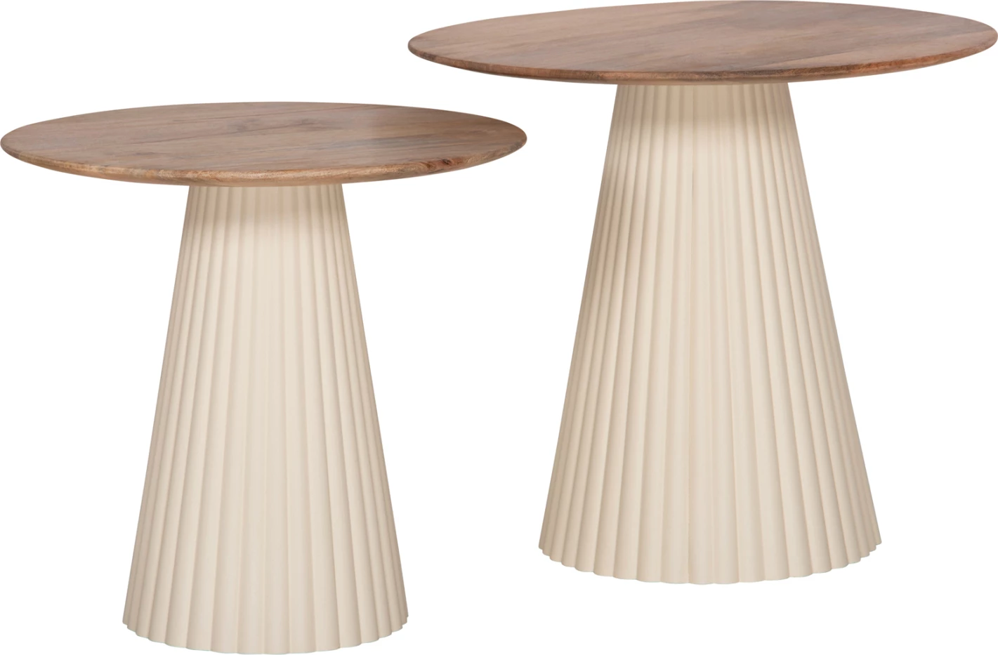Klubske mize 2 kosa Foldy FH9925 kovinsko podnožje v slonokoščeni barvi - okrogla vrhnja plošča iz mangovega lesa v naravni barvi Φ40 & Φ48