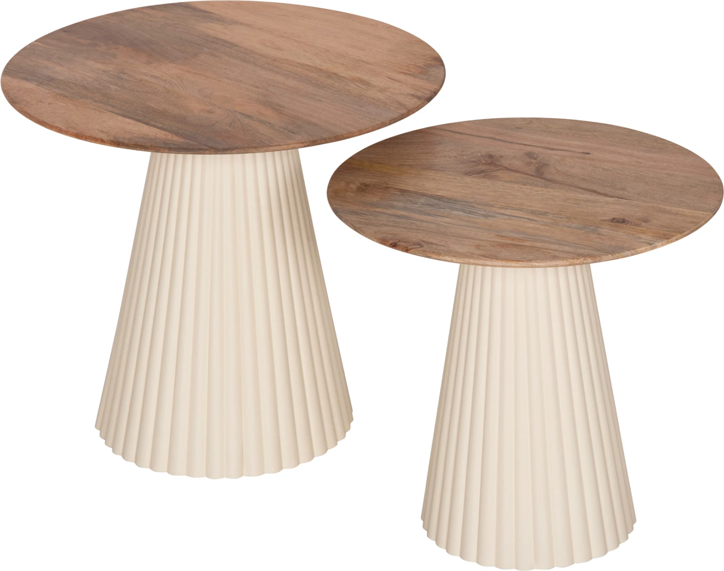 Klubske mize 2 kosa Foldy FH9925 kovinsko podnožje v slonokoščeni barvi - okrogla vrhnja plošča iz mangovega lesa v naravni barvi Φ40 & Φ48