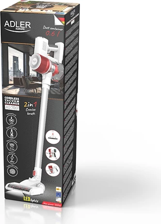 Pokončni brezžični sesalnik Adler AD 7051, 300 W, 0,6 L, 22,2 V Li-ion 2200 mAh, krtača z LED, LCD, bel/rdeč