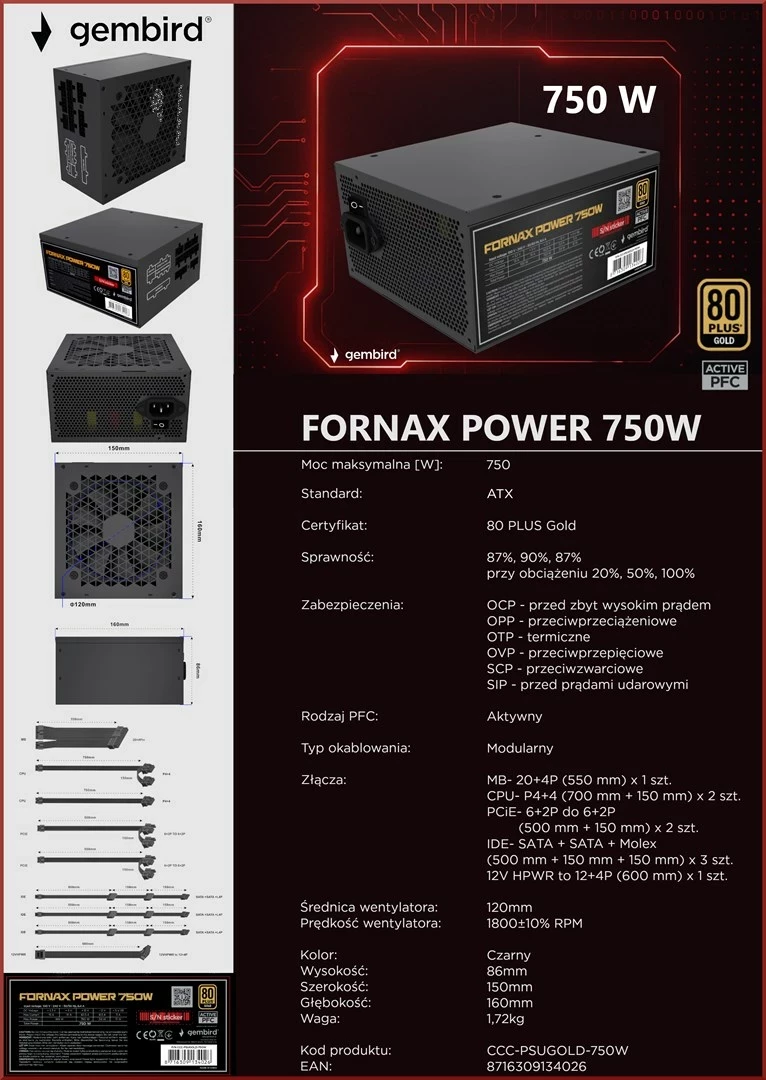 Napajalnik za računalnik Gembird Fornax Power 750W, 80 PLUS Gold, črn