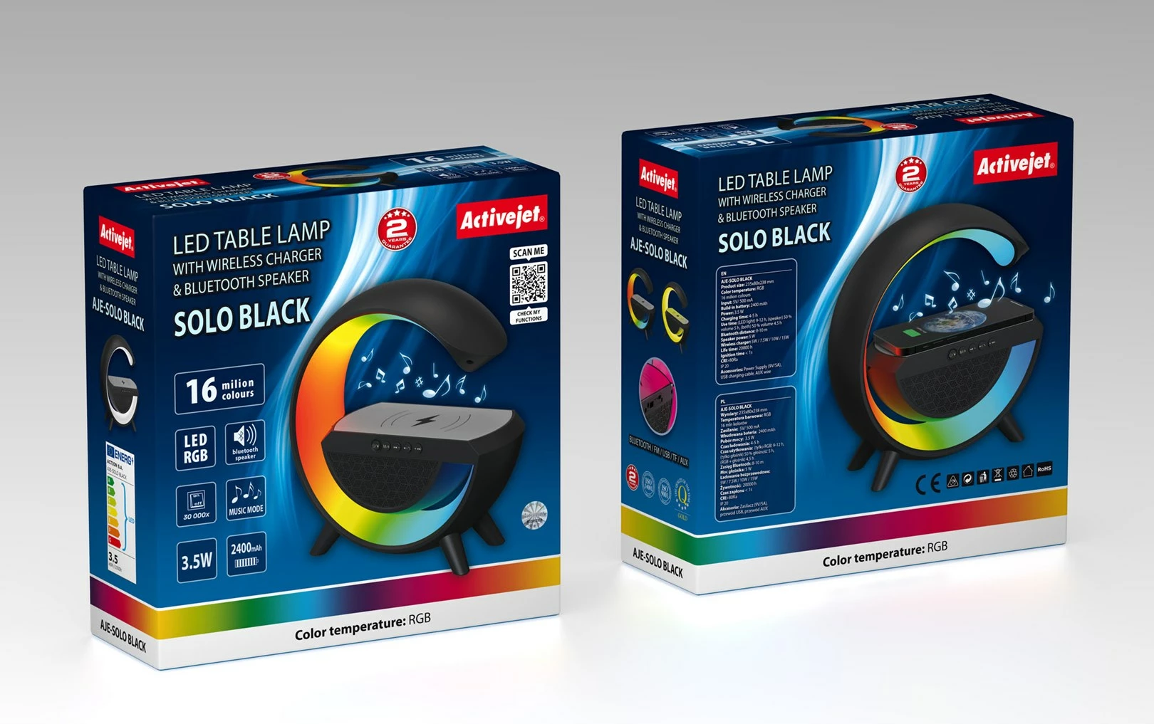 Namizna svetilka z RGB, zvočnik Bluetooth in brezžičnim polnjenjem Activejet AJE-SOLO, 2400 mAh, črna