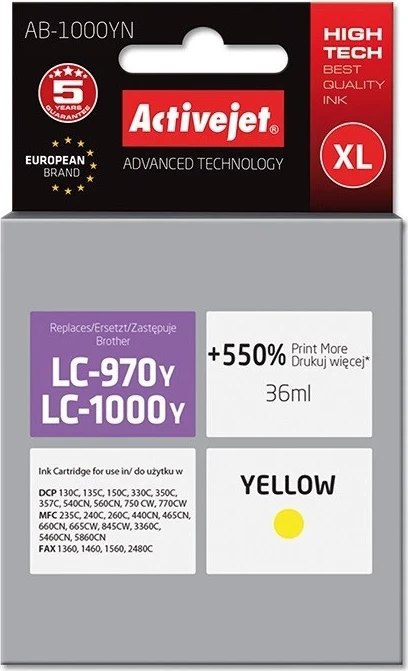 Zamenjalna barva Activejet AB-1000YN za tiskalnik Brother, Supreme; 35 ml, rumena