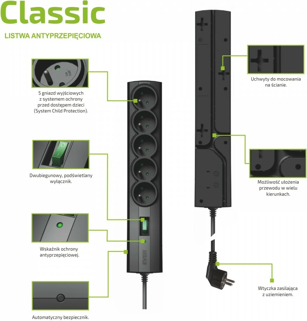 Zaščitna razdelilna vtičnica EVER Classic T/LZ09-CLA050/0000, 5 vtičev, 5 m, črna