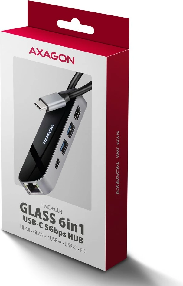 Multiportni USB-C hub 6-v-1, 5Gbps, 2x USB-A, 1x USB-C, GLAN, HDMI 4K/60Hz, PD 100W, 20 cm, črn/srebrn — AXAGON HMC-6GLN