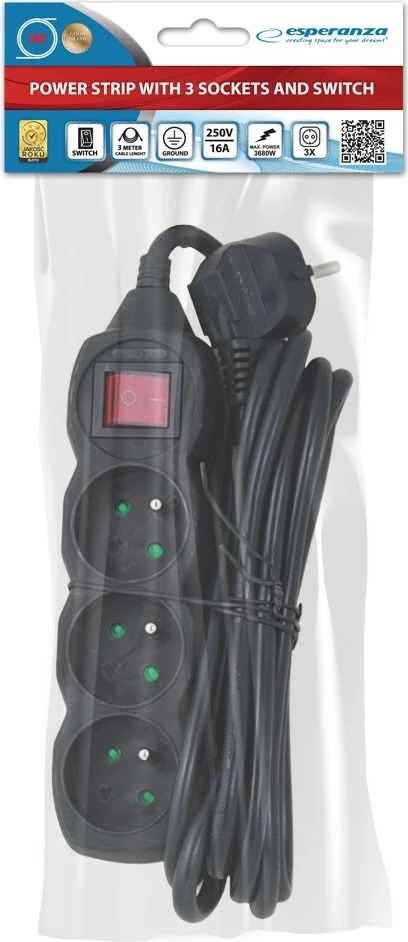 Razdelilnik napajanja Esperanza ELK211K, 3 vtičnice, 3 m, črn