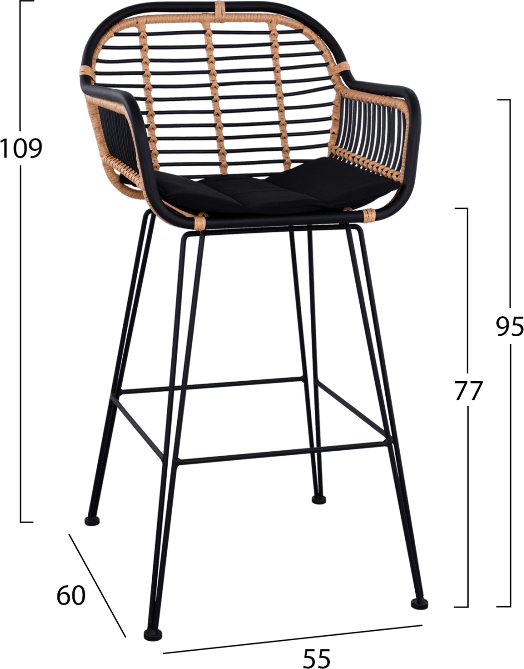 Kovinski barski stol Allegra FH5690 s pletenjem Črno-Bež 55x60x109cm