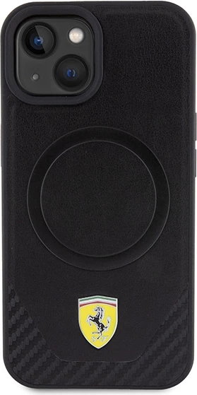 Ovitek za telefon z ogljikovimi detajli in kovinskim logotipom, MagSafe, črn Ferrari FEHMP15SPTEK za iPhone 15 6.1"