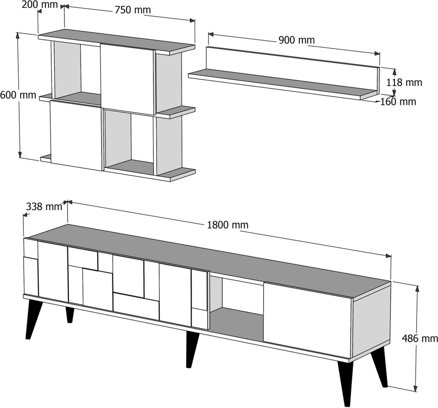 Kombinacija pohištva za TV iz melamina v videzu oreha in črnega marmorja 180x33.8x48.6Hcm.FH9437.02