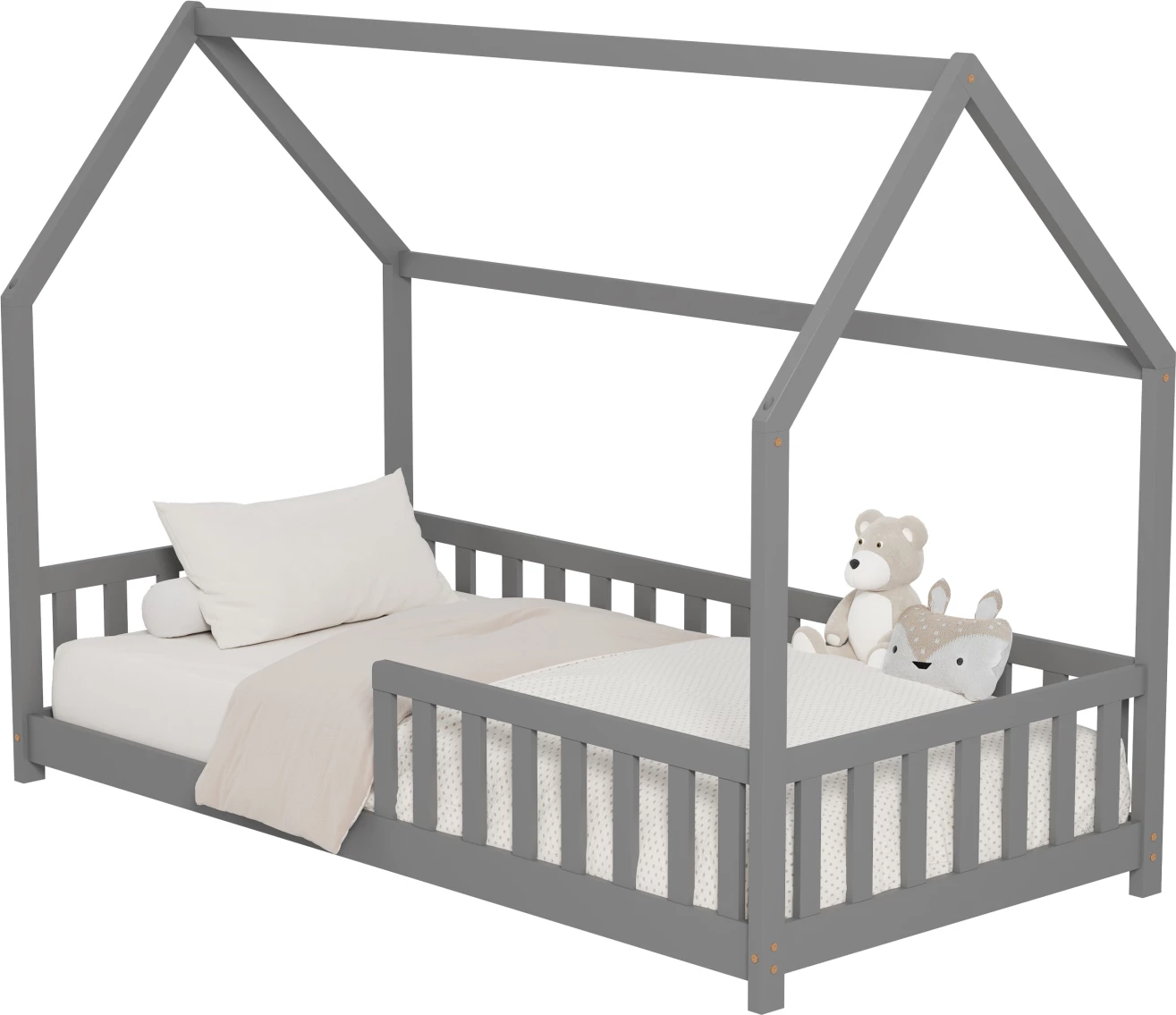 Postelja za otroke s ograjo PHYLLIS FH679.05 t.MONTESSORI iz masivnega borovega lesa v sivi barvi - 190x90cm