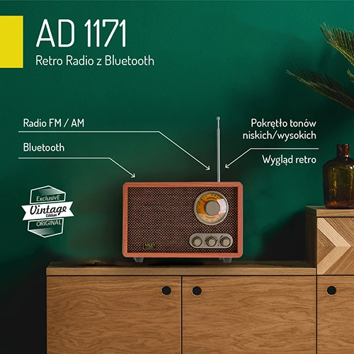 Retro radio Adler AD 1171, Bluetooth 5.0, AM/FM, zvočnik 3.0" 1 W RMS, barva lesa