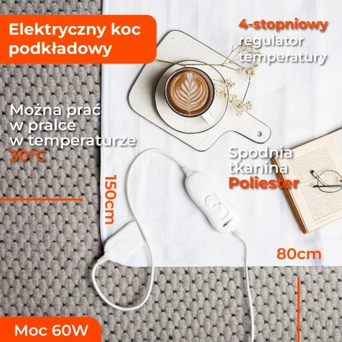 Električna grelna podloga 150x80 cm, Mesko MS 7419, 60 W, za eno osebo, 4 stopnje, snemljiv kabel, pranje 30°C, zaščita pred pregrevanjem, bela
