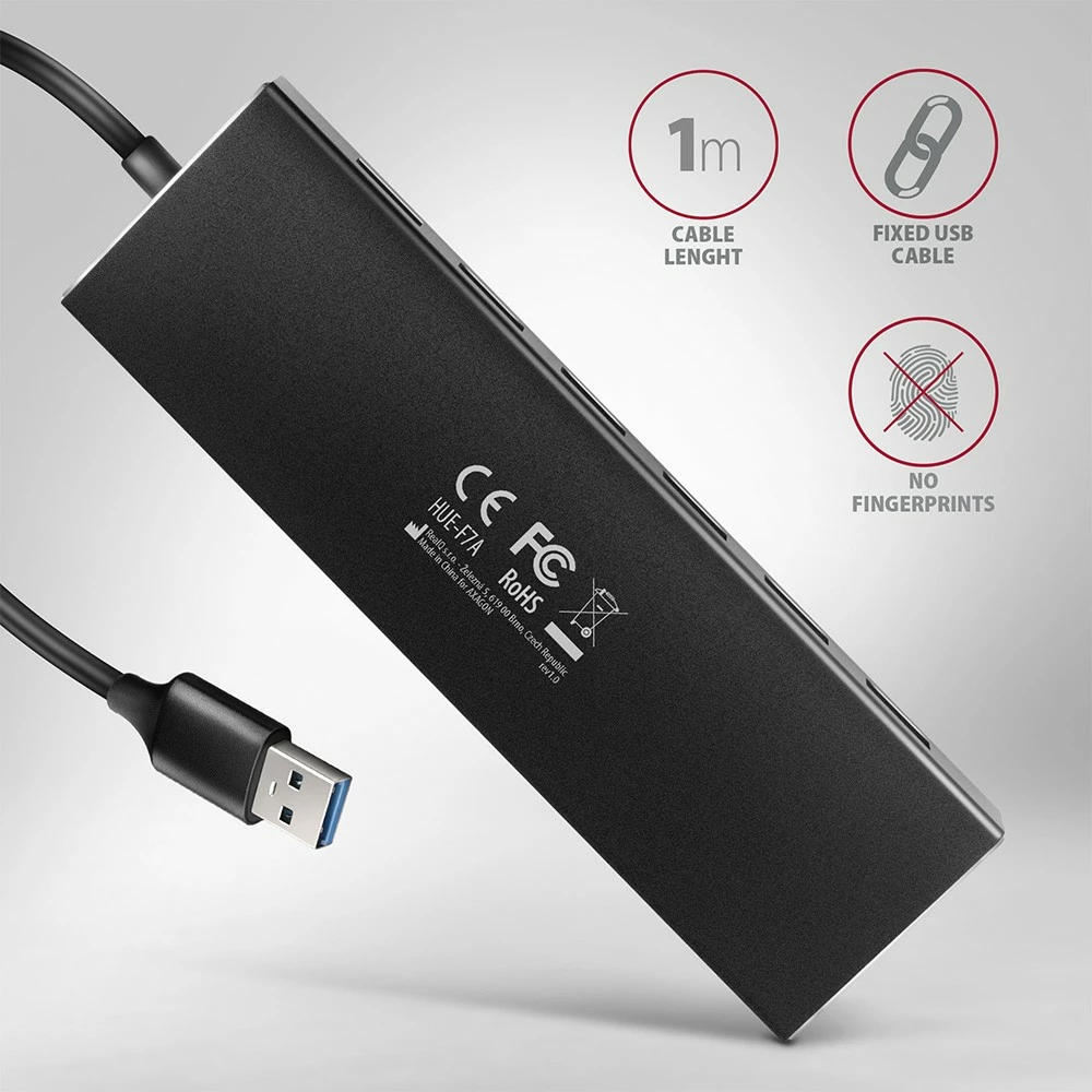 USB razdelilec z 7 vrati AXAGON HUE-F7A, USB 3.2 Gen 1, aluminij, 1 m kabel, črn USB razdelilec z 7 vrati AXAGON HUE-F7A, USB 3.2 Gen 1, aluminij, 1 m kabel, črn