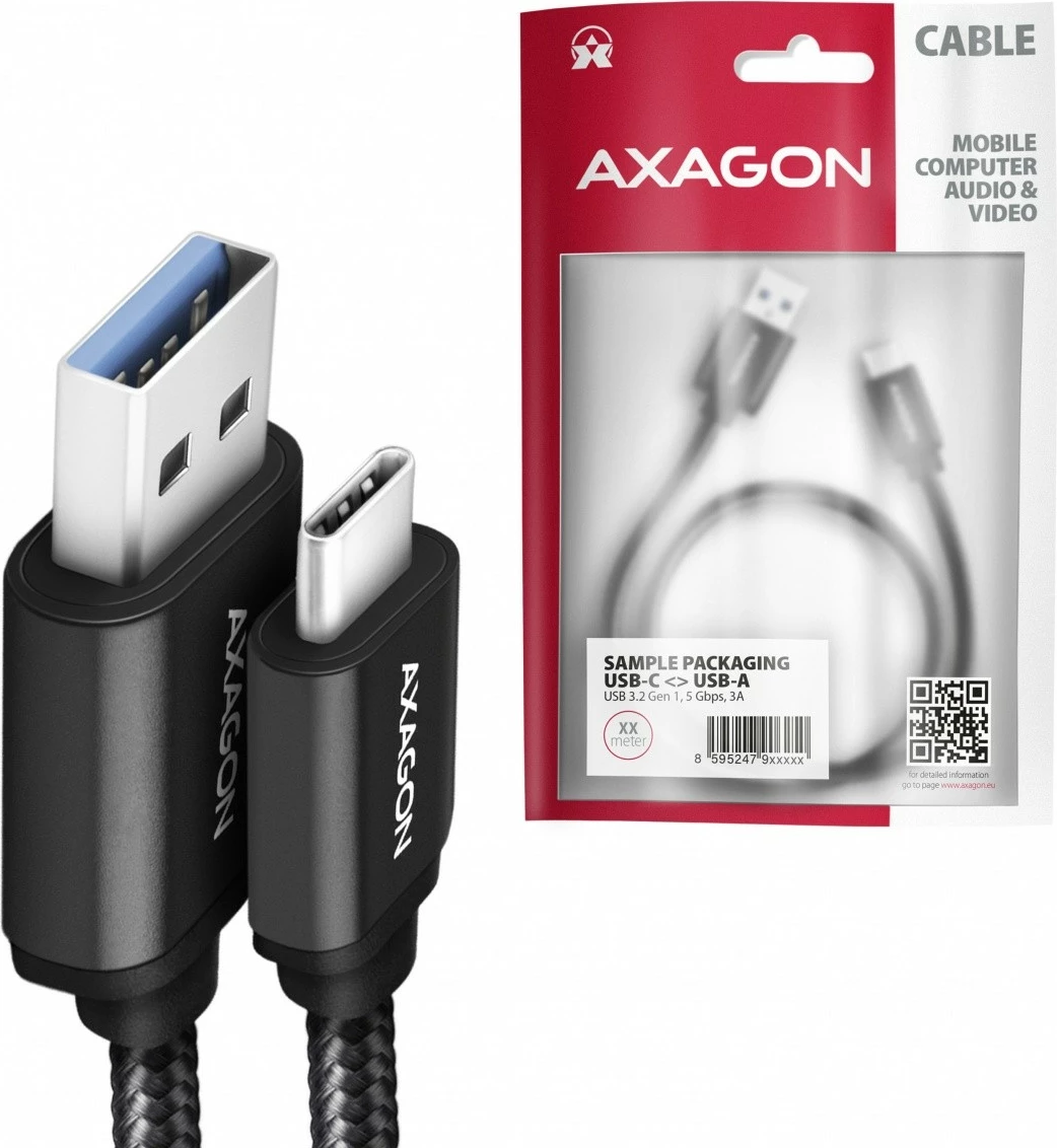 Kabel USB-C v USB-A, 2 m, 3 A, opleten z najlonom AXAGON BUCM3-AM20AB, črn Kabel USB-C v USB-A, 2 m, 3 A, opleten z najlonom AXAGON BUCM3-AM20AB, črn