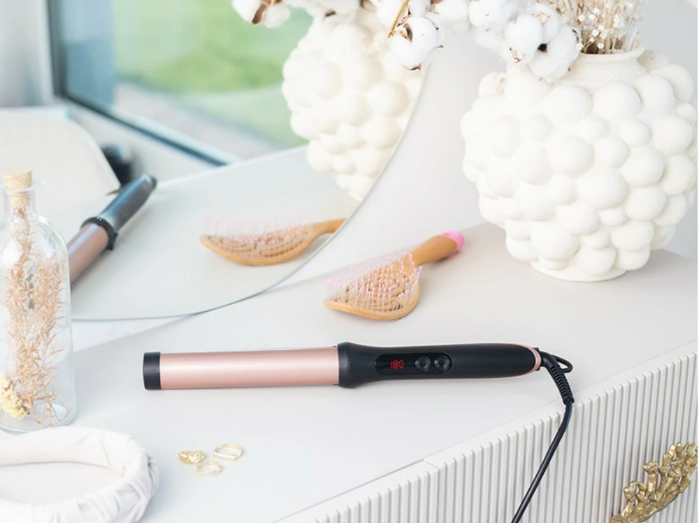 Kodralnik las Sleek & Shine 25 mm, Lafe Figaro LAFLKA47571, 100–200°C LCD, 60 W, keramični premaz, samodejni izklop, vrtljiv kabel, roza/črn