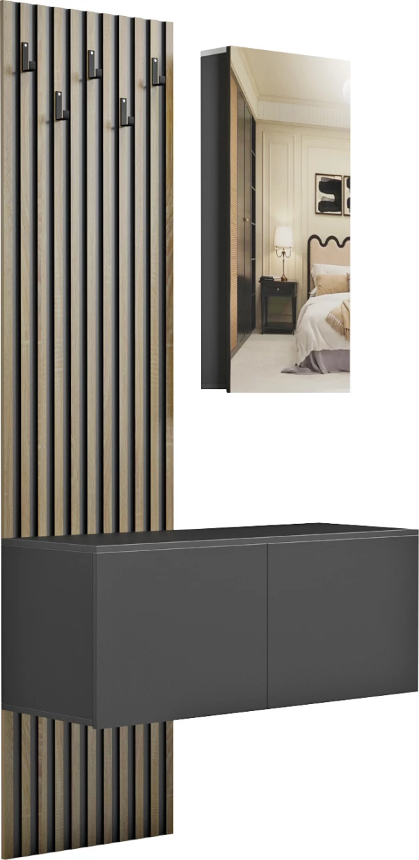 Pohištveni set za predsobo z ogledalom MYLES FH18080.02 melamin v sonoma-črni 100x37.1x199.5H cm