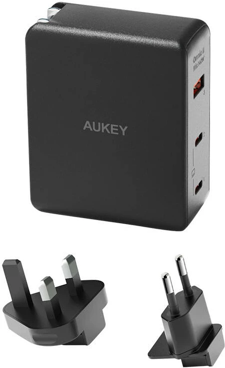 Stenski polnilec Aukey PA-B7O, 140 W, 1x USB-A, 2x USB-C, GaN, črn