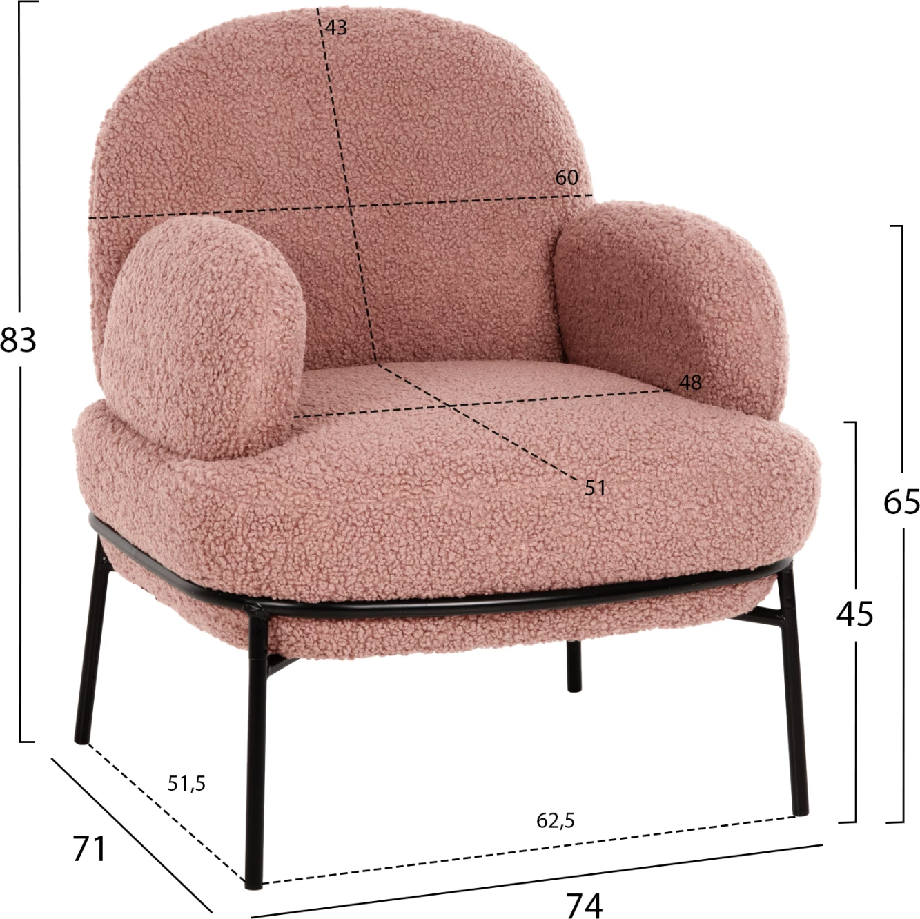 Fotelj AGNES FH9525.22 iz prašnato roza boucle tkanine - črne kovinske noge 74x71x83H cm