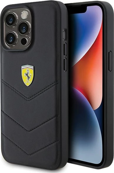Ovitek z vstavkom iz kovine Ferrari, quilting za iPhone 15 Pro Max, črn
