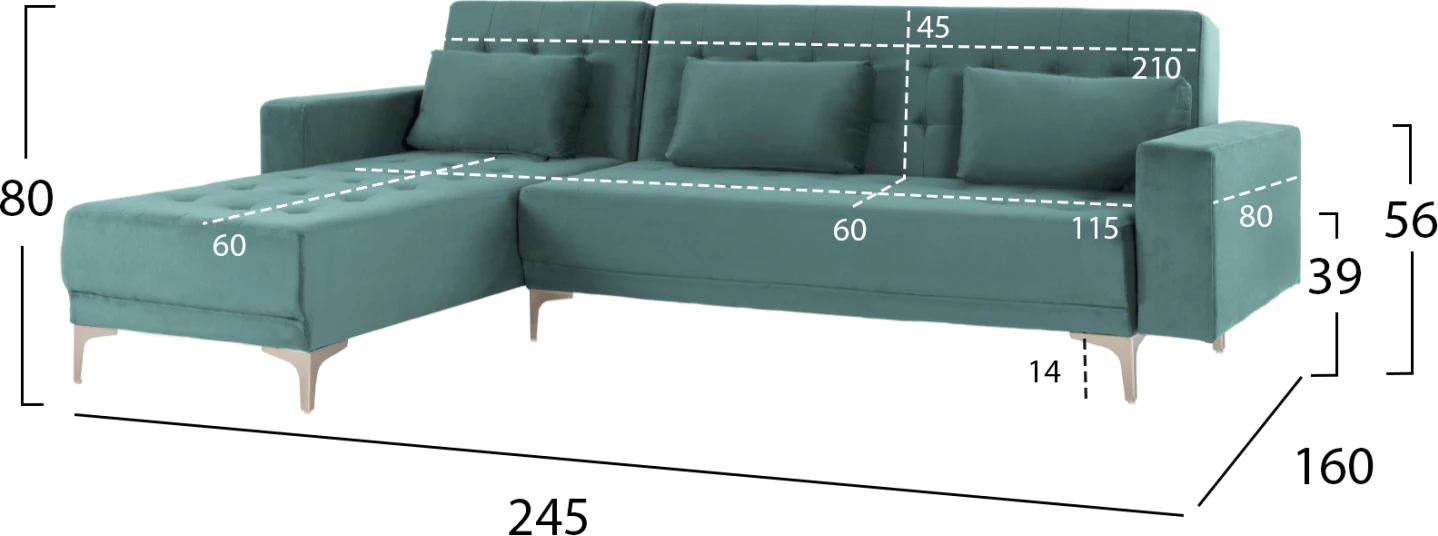 Kotna zofa-postelja ELIZA FH3145.04 reverzibilna v morsko zeleni barvi iz žameta 245x80-160x80H cm