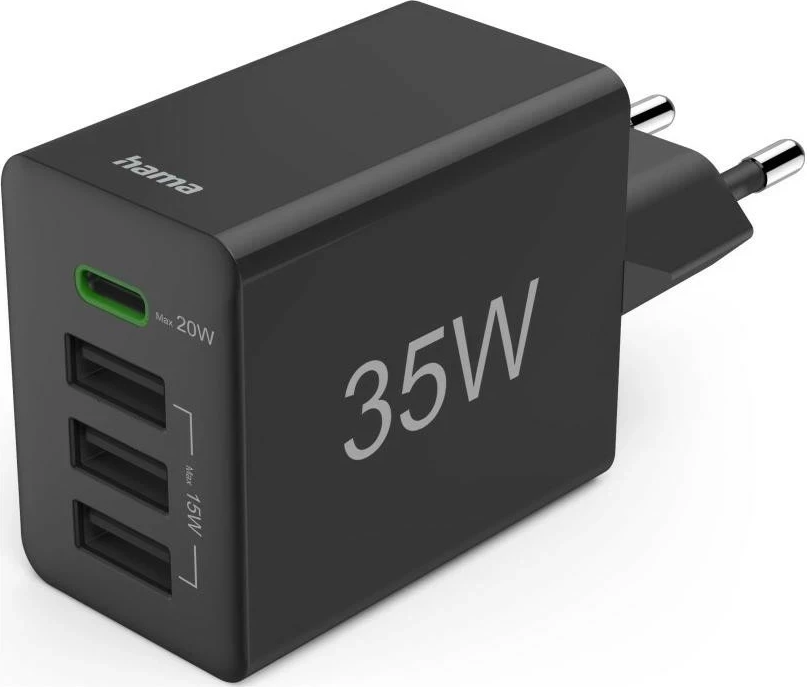 Univerzalni stenski polnilec 35 W PD/QC, 1x USB-C, 3x USB-A, črn — Hama