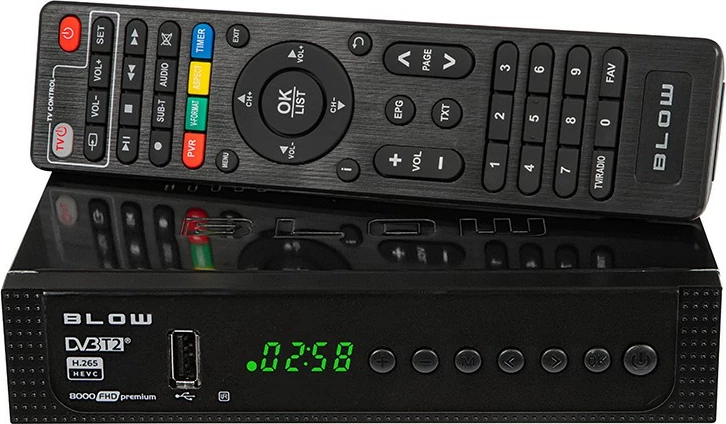 DVB‑T2 dekoder BLOW 8000FHD Premium, Full HD, H.265 HEVC, z daljinskim upravljalnikom, črn