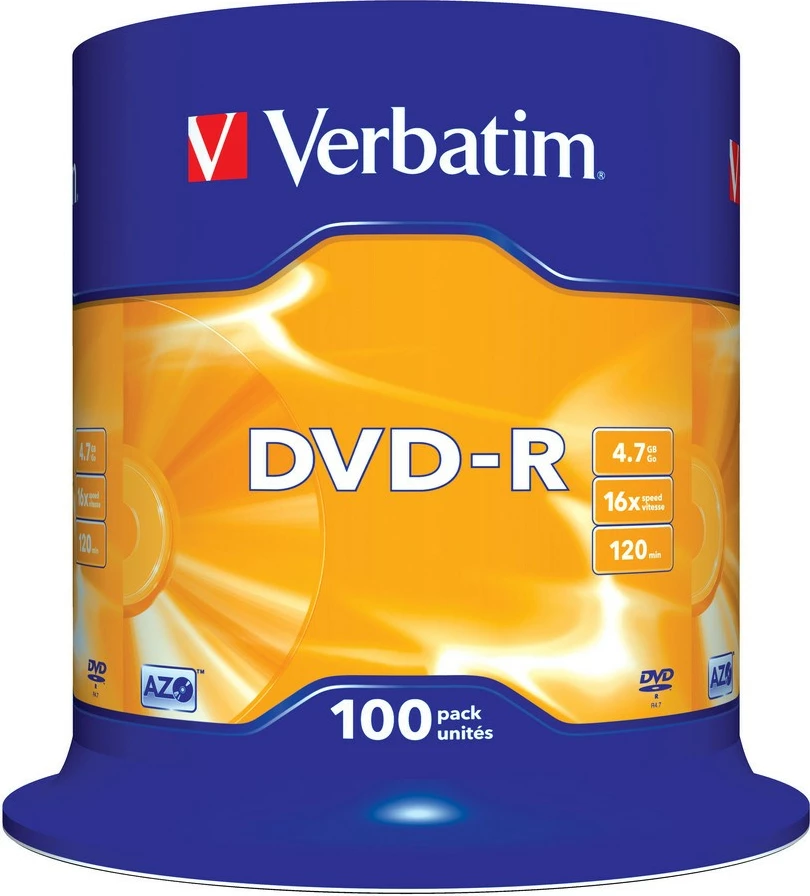 DVD-R, 4,7 GB, 16x, 100 kos, Cake Box, Verbatim 43549
