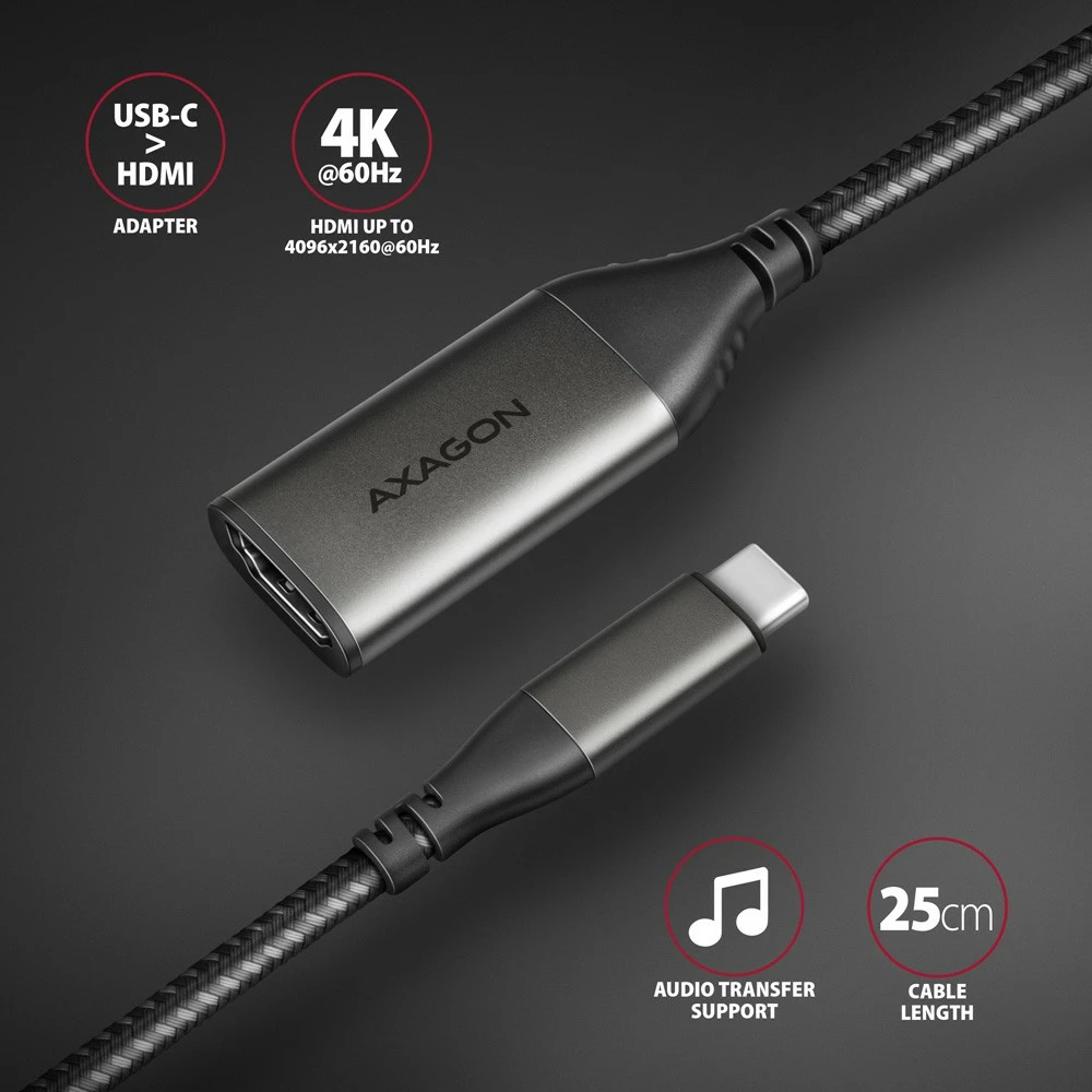 Aktivni adapter USB-C na HDMI 2.0, 25 cm, AXAGON RVC-HI2M, siv Aktivni adapter USB-C na HDMI 2.0, 25 cm, AXAGON RVC-HI2M, siv