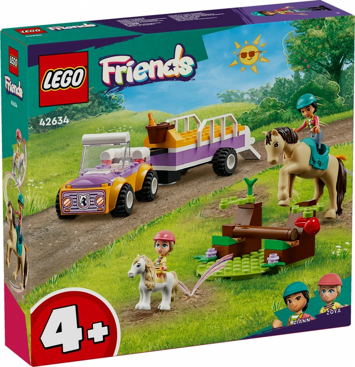 Set za sestavljanje LEGO Friends 42634, avto s prikolico, konj in poni, 105 delov
